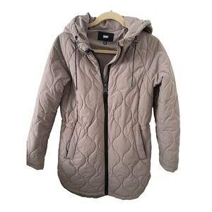 DKNY Long Puffer Hooded Jacket Tan/Blush Color Womens Size XS Water Resistant